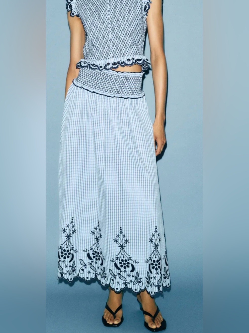 Zara Blue and White Embroidered Smocked Midi Skirt Medium NWT